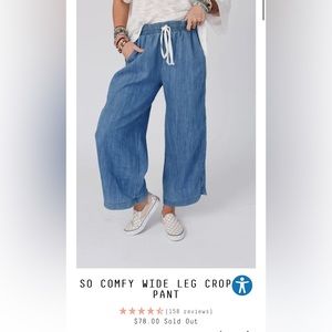NWT Three Bird Nest So Comfy Wide Leg Crop Pant - Denim - Size Small